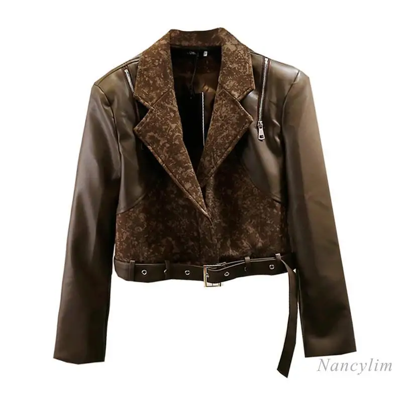 Mode Schrägen Reißverschluss Dekoration Amerikanischen Retro Spleißen Leder Jacke Frauen Kurze Schlanke Lokomotive Mantel Coole Faux Leder Mantel