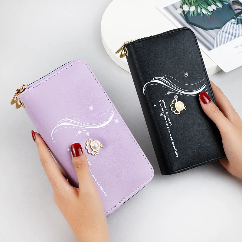 Double zipper Long Wallet women's 2021 new high-capacity wrist handbag pearl printing mobile phone bag