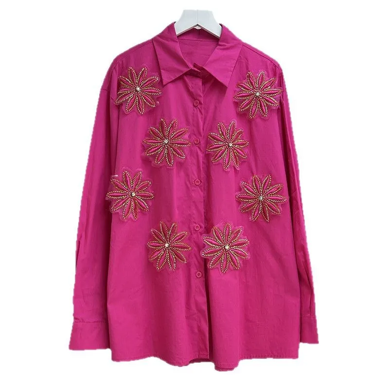 Blouses Women Shirt Vintage Turn Down Collar Full Sleeve Tops Single Breasted Embroidery Y2k Streetwear Elegant Shirts Spring