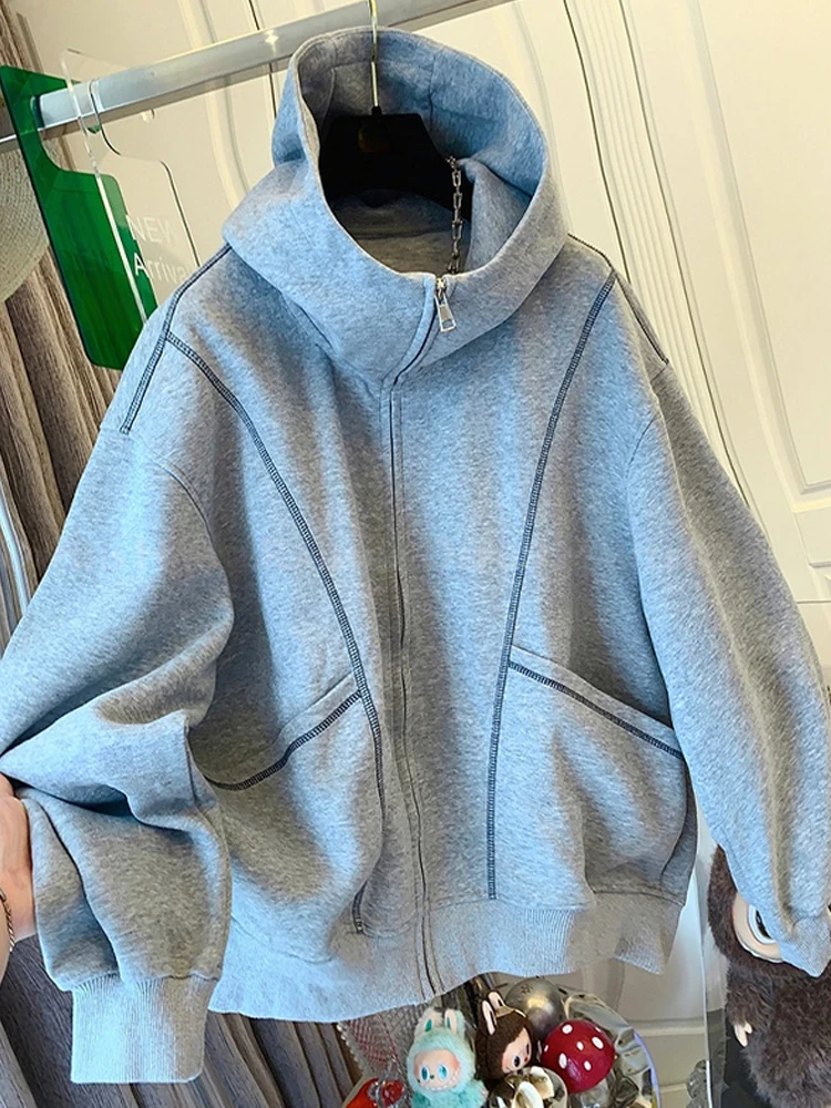 الأمريكية الرجعية عارضة المرأة هوديس أزياء فضفاضة سحاب أكمام طويلة البلوز معطف جديد الشارع الشهير تنوعا سترة الإناث #1