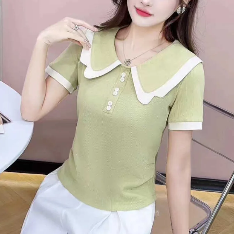 Turn-down Collar T-shirts for Women Panelled Design Young Girls Summer Tops Simple Design Korean Style Ins College Short Sleeve