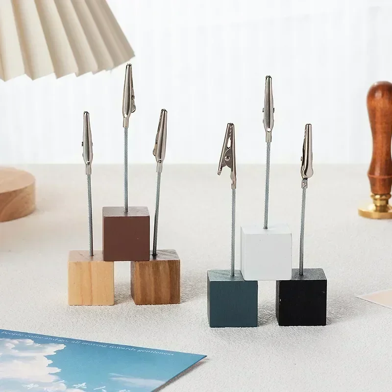 5 قطعة مقاطع مذكرة خشبية حامل بطاقة الأعمال معدن مربع صور عرض موقف رسالة ملاحظة حامل مكتب عمل منظم