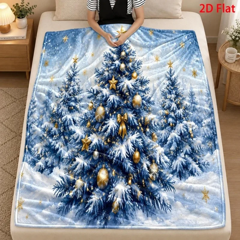 Blue Snow‑Covered Christmas Tree Golden Ornament Star Print Throw Blanket, Winter Holiday Sofa Throw