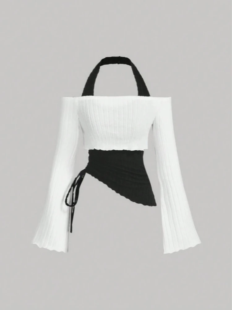 Europäisches und amerikanisches Damen-Langarm-T-Shirt, einfarbig, gefälschter zweiteiliger Rundhals-Strickpullover, schmal geschnittenes Mädchen-Top Y2K