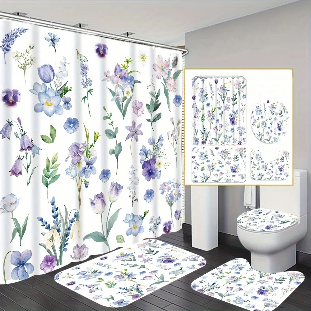 

4-компонентное украшение для ванной комнаты с акварельным цветочным принтом, занавеска для душа, нескользящий коврик, коврик для сиденья унитаза, U-образный коврик