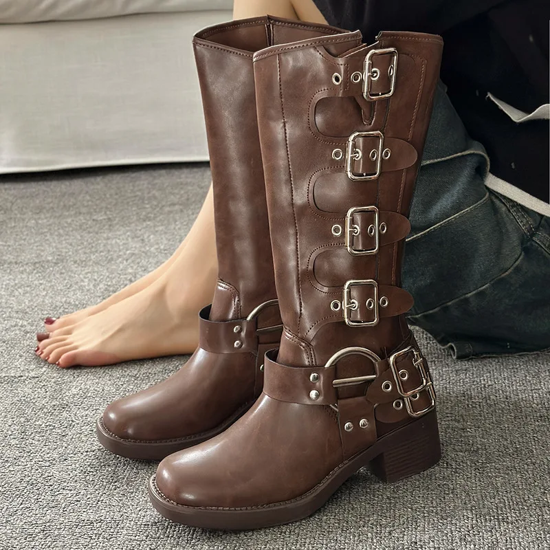 

Metal Buckle Square Toe Knee High Boots Women Black PU Leather Punk Long Boots Woman Autumn 2025 Chunky Heels Motorcycle Booties