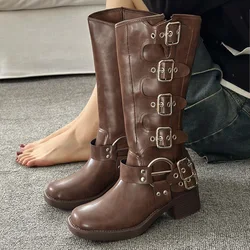 Metal Buckle Square Toe Knee High Boots Women Black PU Leather Punk Long Boots Woman Autumn 2025 Chunky Heels Motorcycle Booties