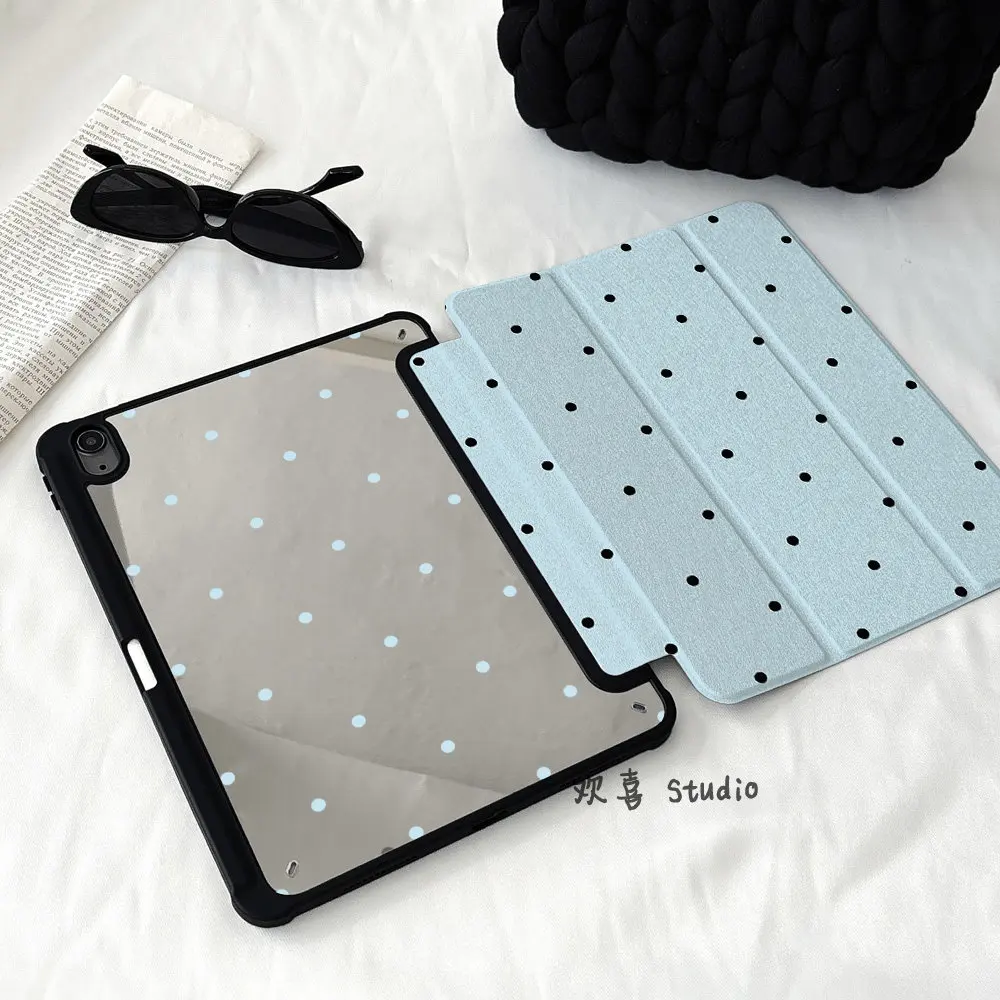 Korean Ins Black Polka Dot Cute Mirror Black Edge For iPad Case iPad Pro 11 13 Air 7 10 9 Mini 6 Tri-Fold Cover with Pencil Slot