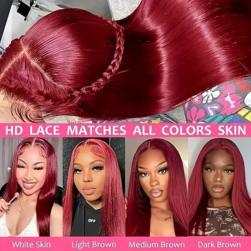 99J Transparent Lace Frontal Human Hair Wig Pre Plucked Red Straight Colored 13x6 Lace Front Human Hair Wigs For Women Glueless