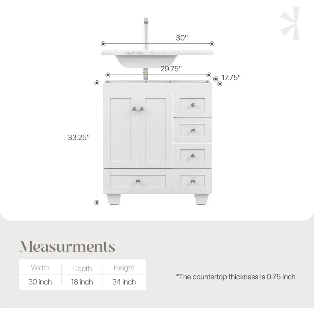 Happy Bathroom Vanity - 30” White Bathroom Vanities With Carrara Quartz Countertop - Bathroom Vanities And Undermount Porcelain