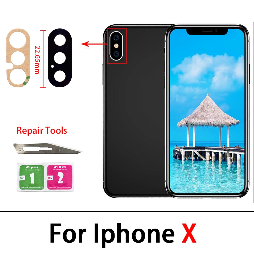 For Iphone X XR XS Max 7 8 6 6S Plus Camera Glass Lens Back Rear Camera Glass Lens with Glue Replacement Parts