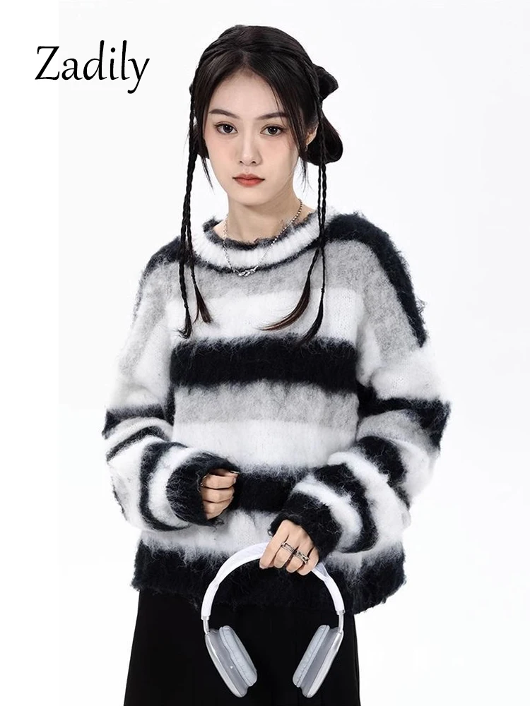 

Zadily 2023 Winter Casual Long Sleeve Women Mohair Short Sweater Korea Style Striped O Neck Knit Pullover Warm Female Clothing