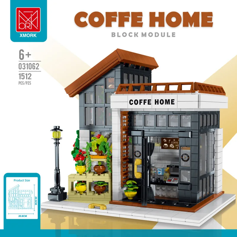 XMork 031062 Sunshine Cafe Model Modular Street View Series With Lighting DIY Toys Building Blocks Boy's Gift 1512Pcs