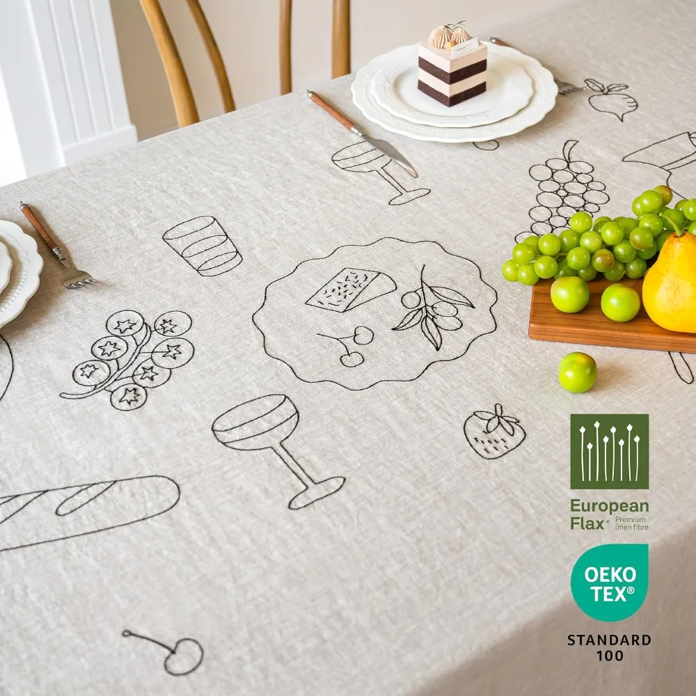 Embroidered Linen Tablecloth 70x157 Inch 100% French Linen Pre-Washed Natural Flax Dining Banquet