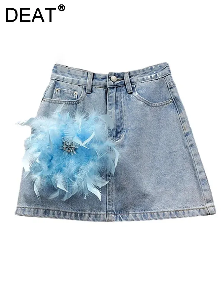 

DEAT Women's Denim Skirts High Waist Spliced Blue Feathers Diamonds Silver Coated Mini Skirts 2024 Summer New Fashion 11A0214