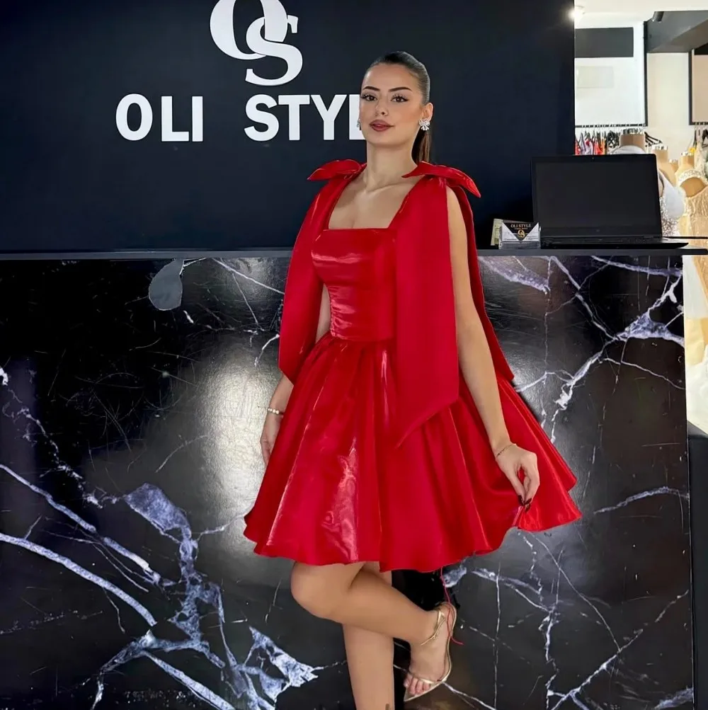 Attractive Bowknot Short Prom Party Dress 2026 Suqare Collar Pleat A-Line Sleeveless Birthday Formal Gowns Vestidos De Dala