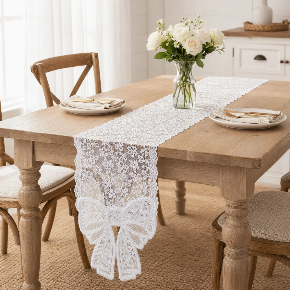 

Creative Floral Cut-Out Lace Table Runner Bow Trim Romantic Table Flag Vintage Long Strip Decorative Table Cloth Coffee Table