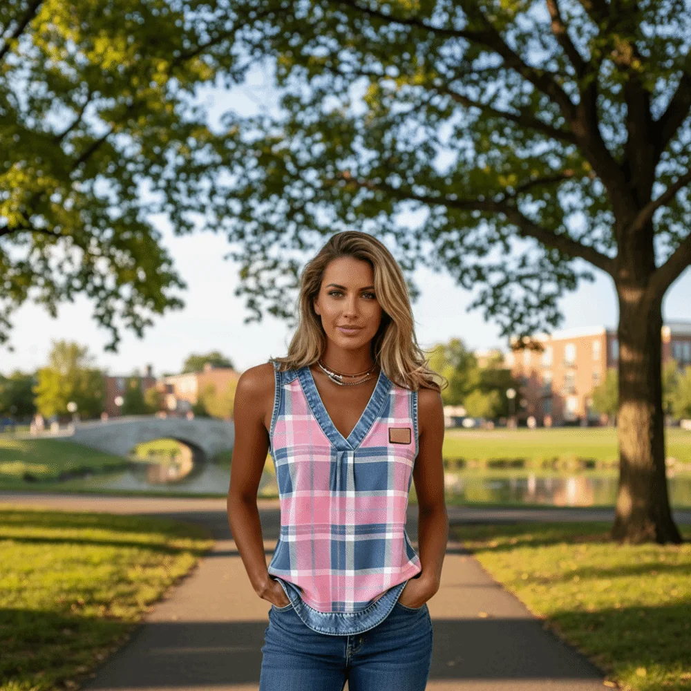 

Elegant Wear Striped Women V-Neck Top Grid Loose Fit Sleeveless Tank Top Patchwork Tops Spring Season