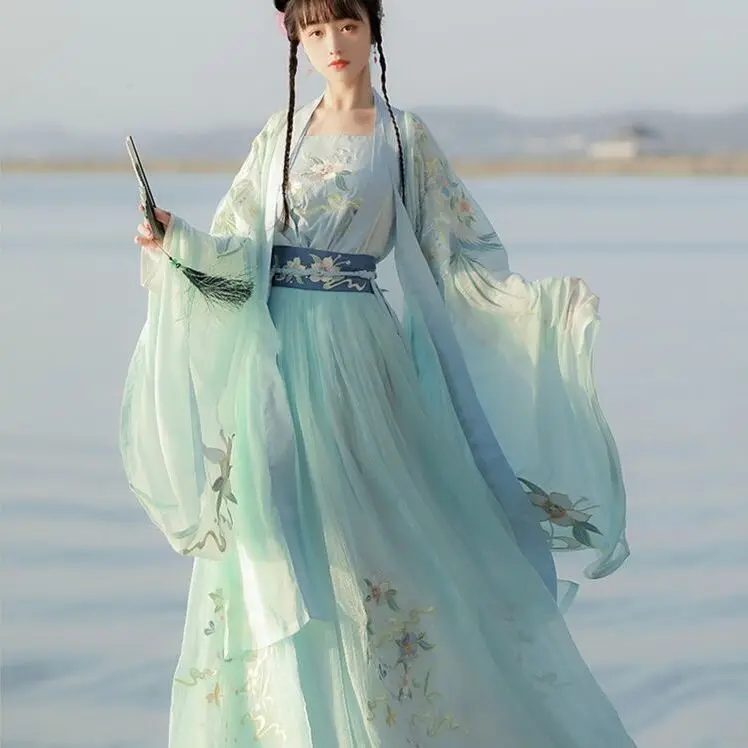 

Костюм в китайском стиле Hanfu, женская тяжелая вышивка, перекрестный воротник, широкие рукава, юбка длиной до талии, традиционная китайская одежда