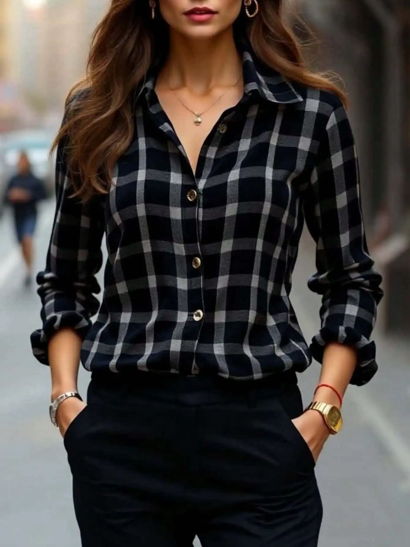 

Women's Long Sleeve Plaid Button Down Shirt, Casual Office Blouse with Collar