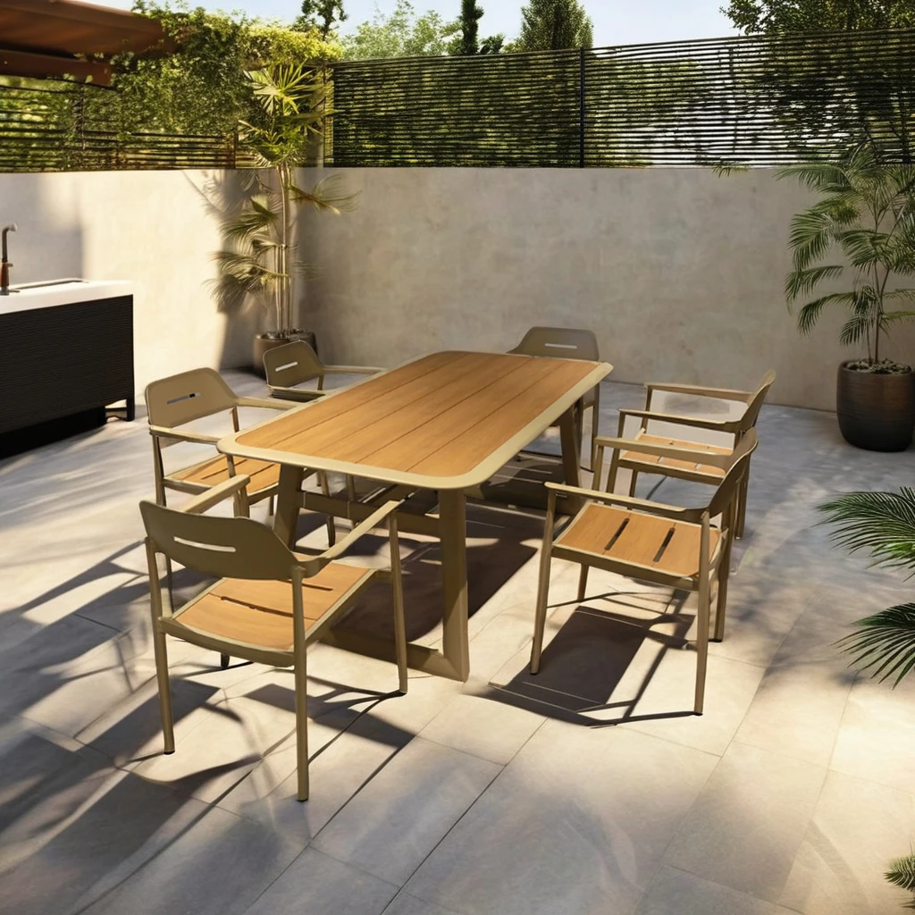 High Quality Modern Comfortable Outdoor Dining Set with Aluminum Frame Wooden 6 Seat Rectangular Table for Courtyard School Use
