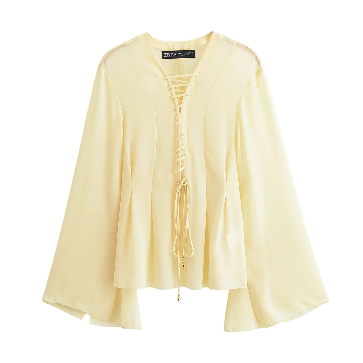 Vrouwelijke Zomer Chic Solid Top Geel Ruche Lange Flare Mouw Dame Top Elegant Chiffon Lace Up Shirt Dames V-hals Losse Shirts
