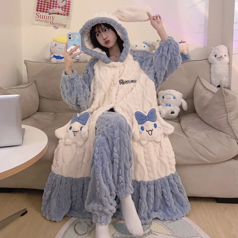 Sanrioed Kuromi Girl's Coral Fleece Pajamas Thickened Warm Autumn Winter Cinnamoroll Cute Hooded Robe Women Long Home Wear Suit