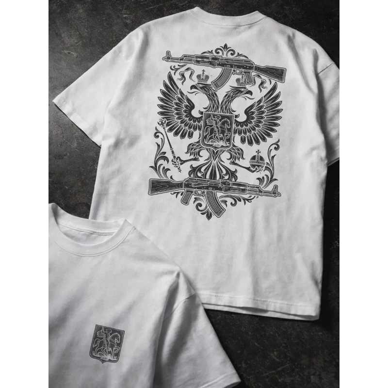 Unisex T-Shirt mit Retro-Doppeladlersymbol-Druck auf Vorder- und Rückseite, Baumwolle, Kurzarm, Casual Streetwear Oberteil – Detail 7