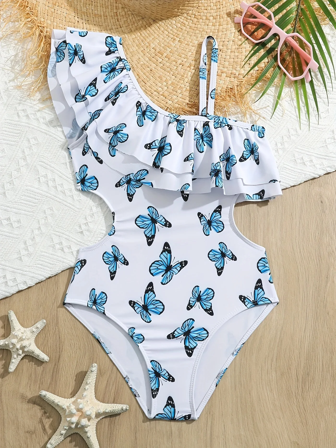 Girl One Shoulder Butterfly One Piece Swimsuit for Kids Ruffle Children's Swimwear 8-12 Years Beach Wear Cut Out Bathing Suit