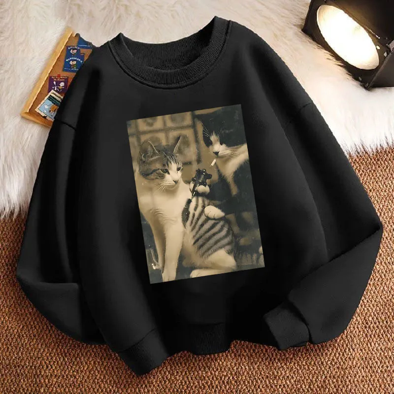 Retro Smoking Cat Design Printed Funny Pullover Spring Crew Neck Graphic Print Hoodie Boy/Girl Kids Children's Sweatshirt