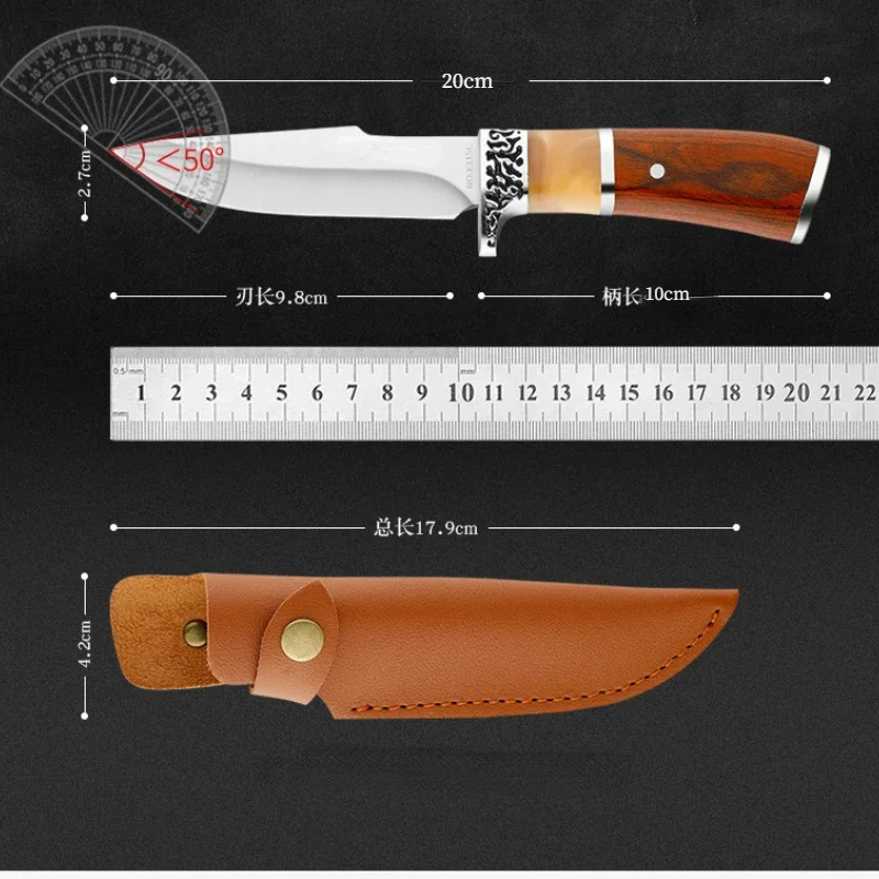 New outdoor knife with resin rosewood handle easy to carry straight blade EDC multipurpose fruit knife highend knife with shea image 6