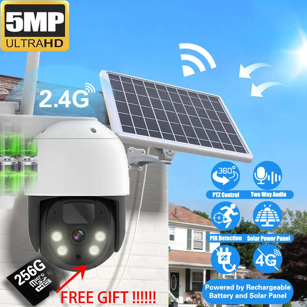 

Outdoor Wireless Security WIFI PTZ Camera Built-in Battery Solar Camera Support 256G TF Card 5MP Video Surveillance IP Camera