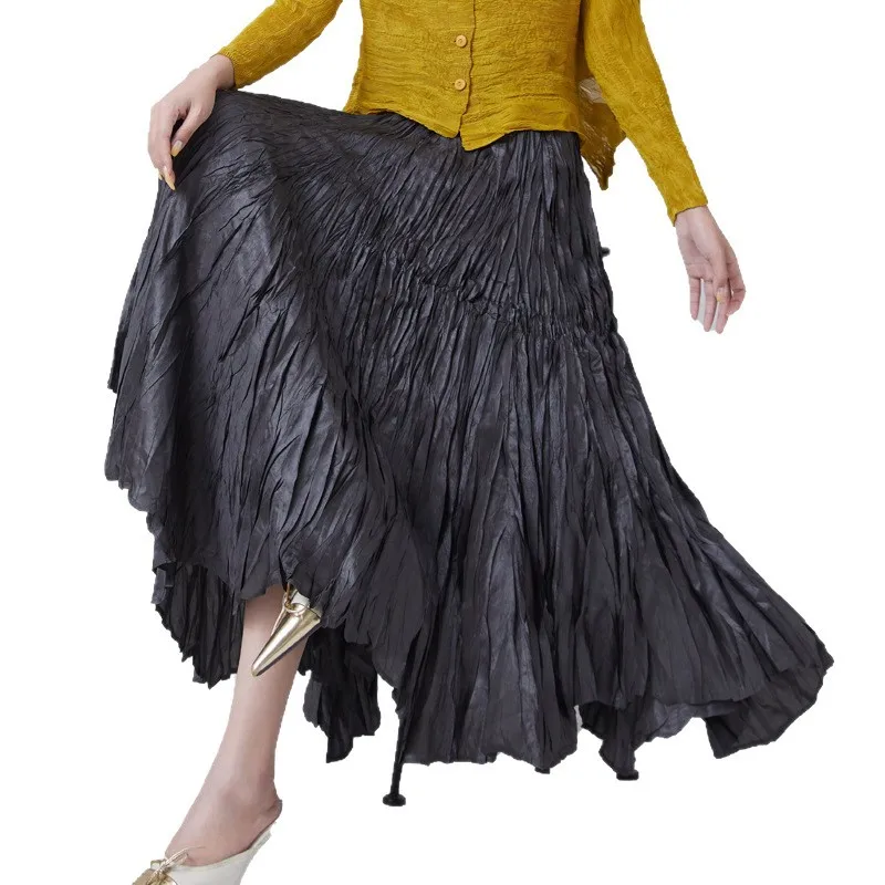 Miyake Elegant Drape Crumpled Skirts Women Elastic Waist Big-Hem Long Skirts Large Size Loose Umbrella Skirts Female Streetwear