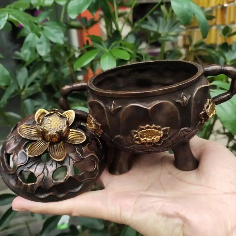 Antique Copper Collection Gilded Hollow out Three Legged Double Eared Lotus Incense Burner Home Desktop Craftsmanship Ornament