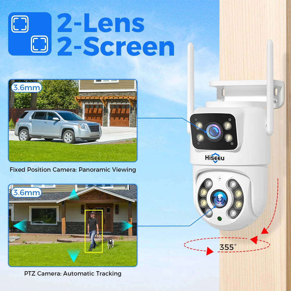 Hiseeu-Wireless Surveillance Camera, Dual Lens, 4X Digital Zoom, AI Human Detect, ONVIF, Outdoor Security PTZ IP Cameras, 4K, 8M