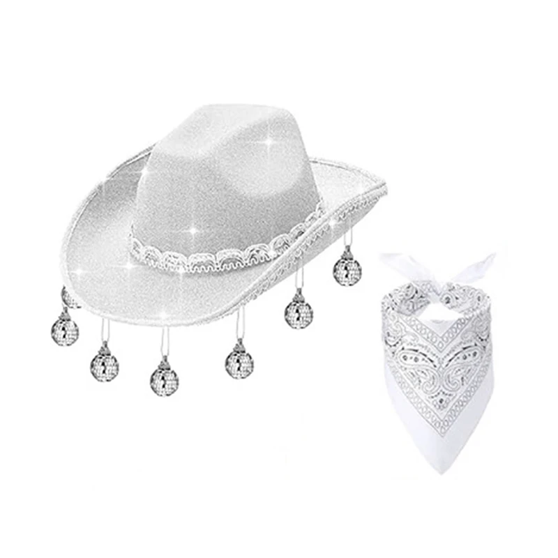 Women Disco Cowboy Hat Glitter Cowgirl Hat Rave Hat with Bandana for Bachelorette Bridal Wedding Party