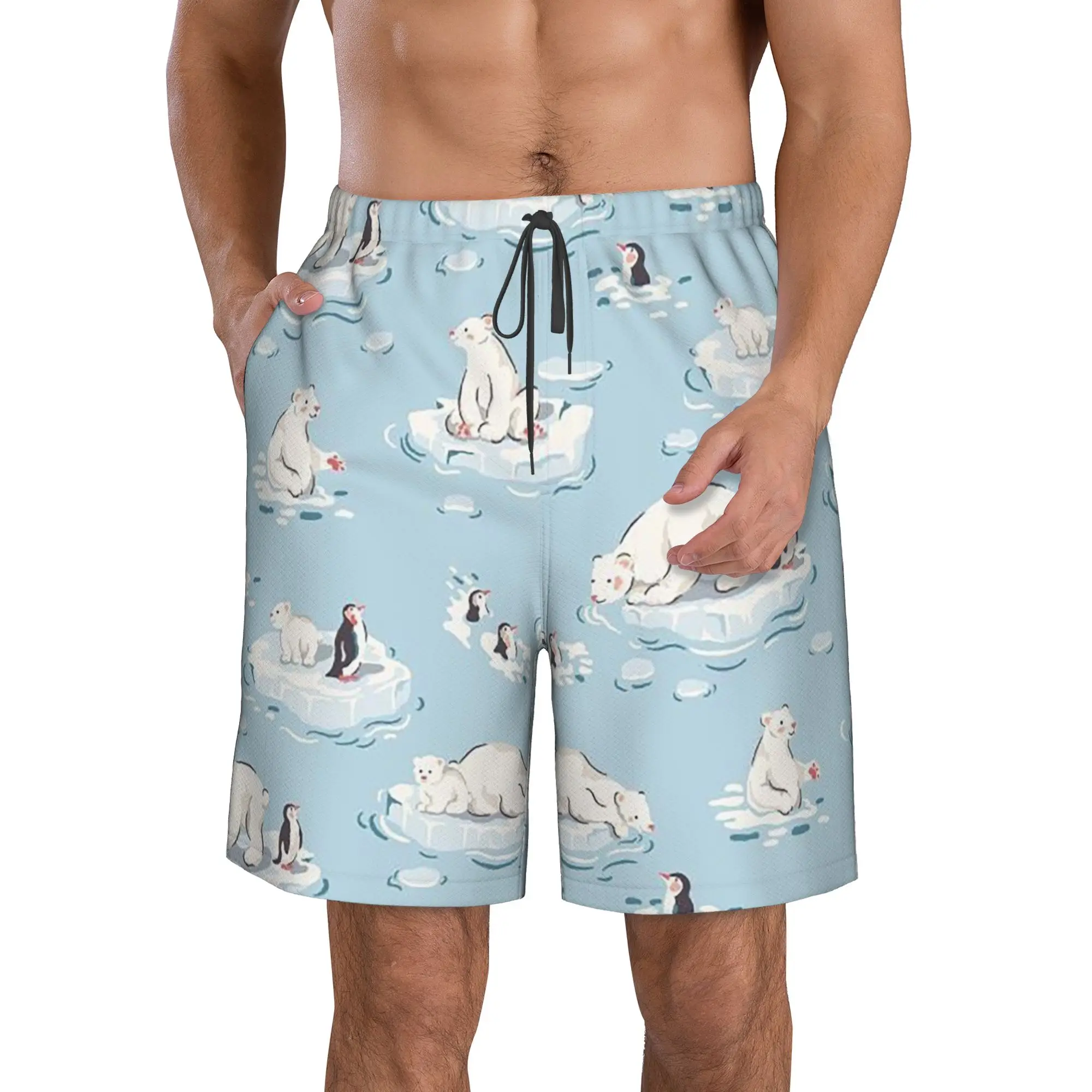 Polar Penguin Ice Surface Penguin Pattern Trunks Beach Board Shorts Casual Quick Dry Swim Summer Men Pants
