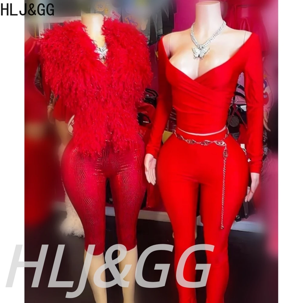 

HLJ&GG Fashion Fake Fur Halter Top Two Piece Sets Women Sleeveless Backless Slim Vest + Skinny Pants Outfits Y2K 2pcs Streetwear