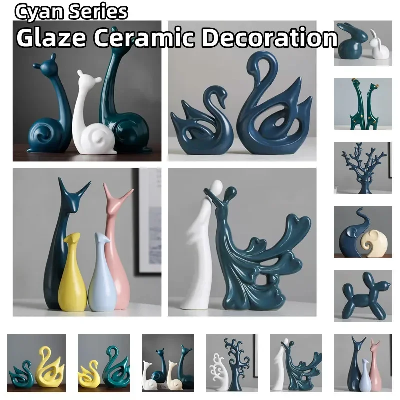 Nordic Cyan Glaze Ceramic Ornament Turquoise Home Decoration Porcelain Decor Lovers/Snails/Tree/Swan/Dog/Deer/Rabbit Figurines