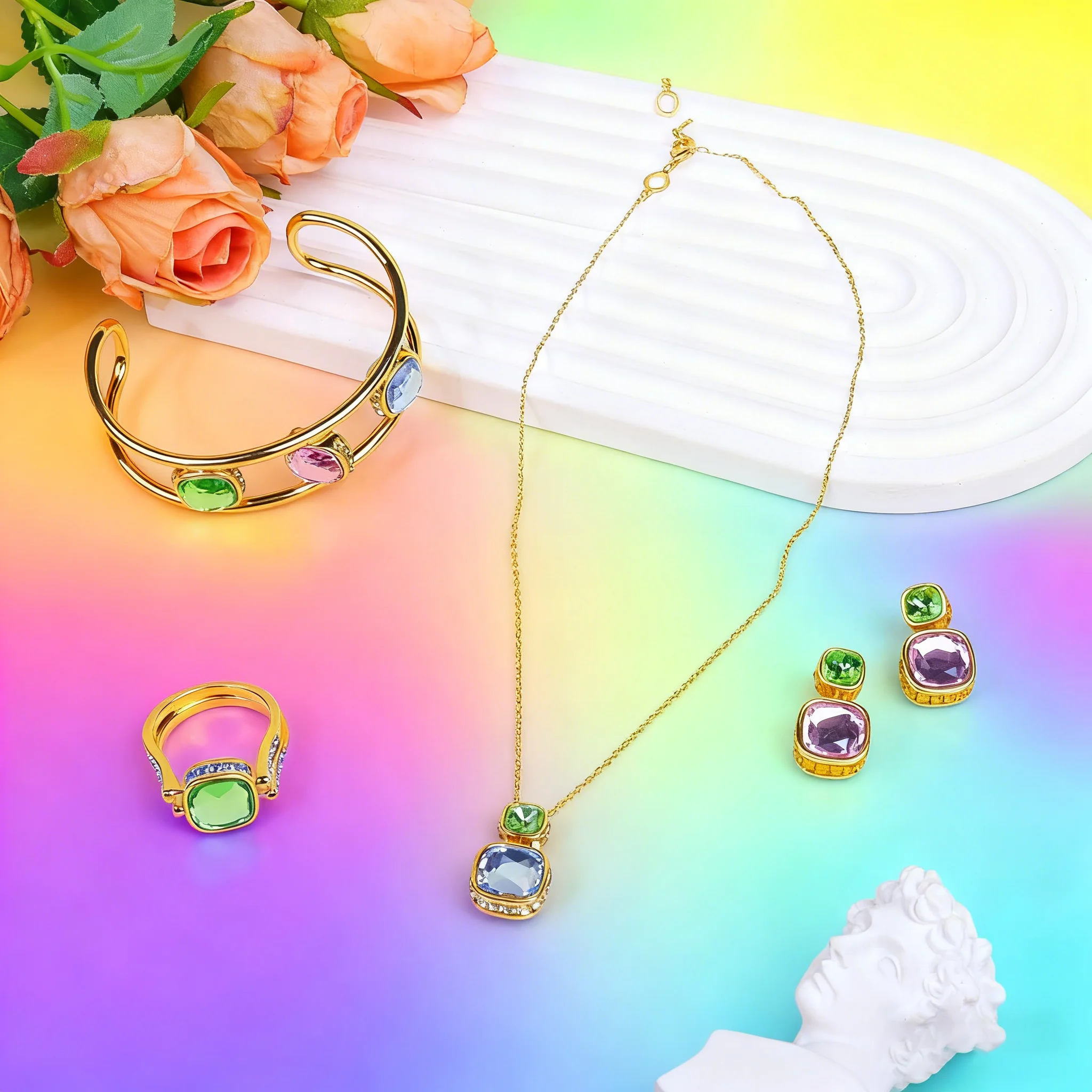 

Легкие роскошные двойные цвета с кристаллами и микроинкрустацией Nich Design, браслет, ожерелье, серьги, геометрические комплекты ювелирных изделий высокого класса ﻿