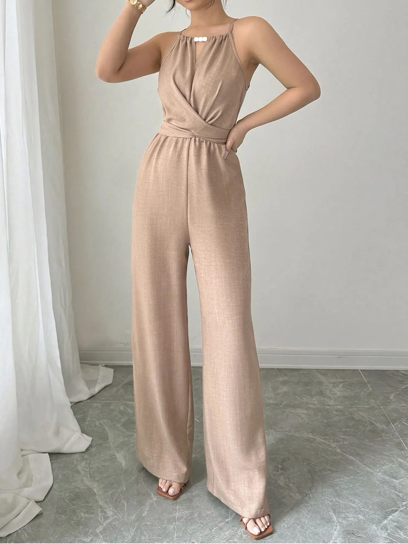 Women's Jumpsuits Summer Sleeveless Solid Fashion Bandage O- Neck Sexy Slim Folds Jumpsuits Casual Streetwear Simple Jumpsuits