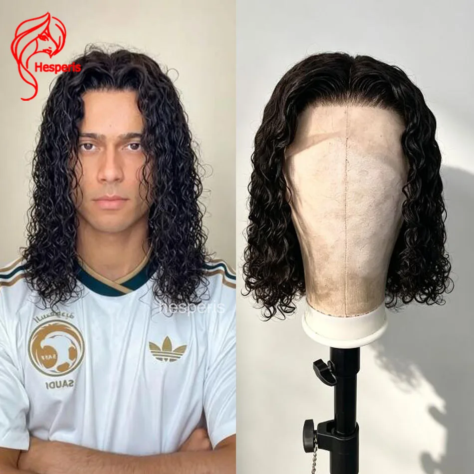 Hesperis Natural Deep Wave Human Hair Lace Front Wig Medium Length Curly Wig For Men Natural Looking Daily Wear Male Wigs
