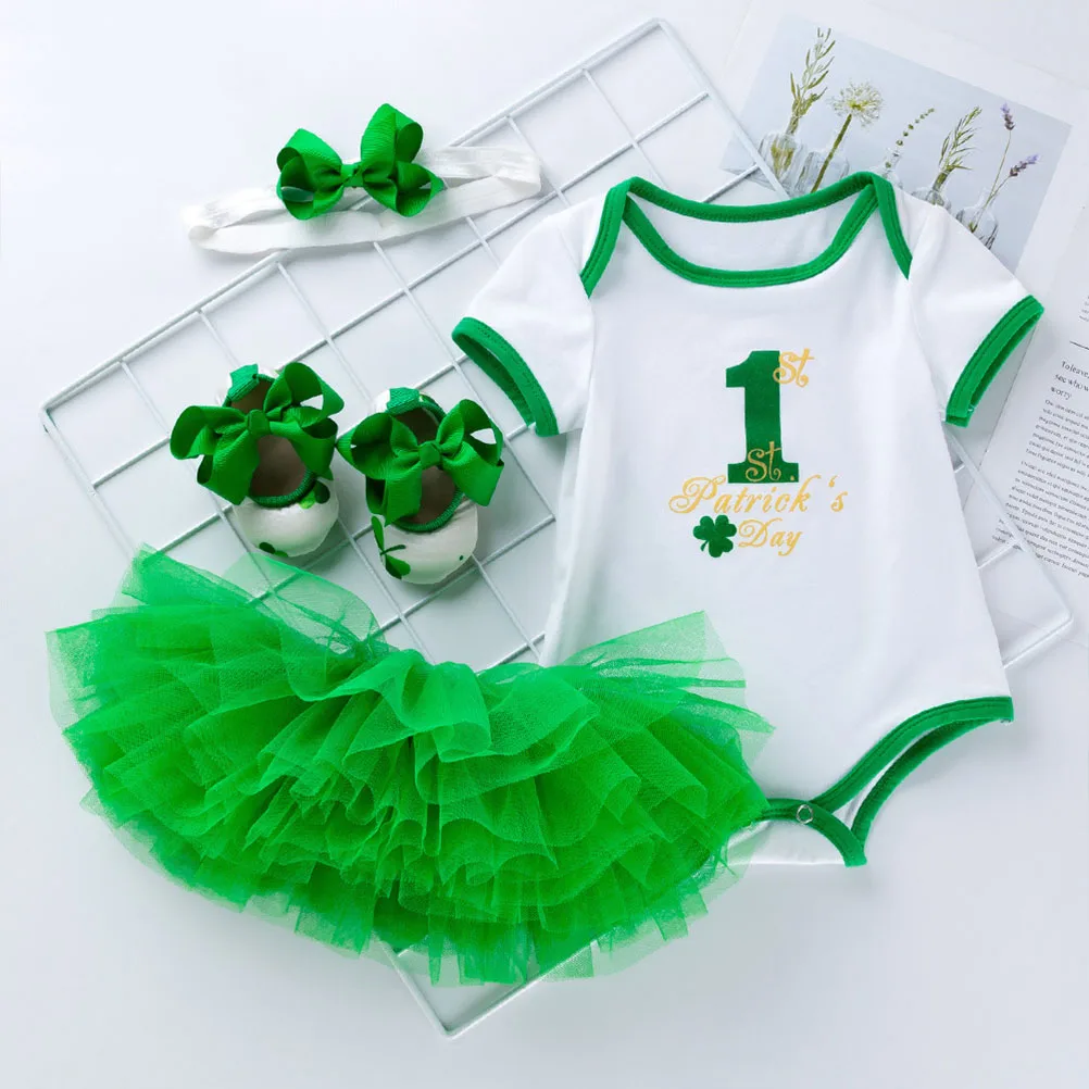 

1 Set Saint Patrick'S Day Baby Costume Clover Tutu Short Sleeve Shirt Spring Summer Clothes 0-3 Months S Skirt Headband Shoes