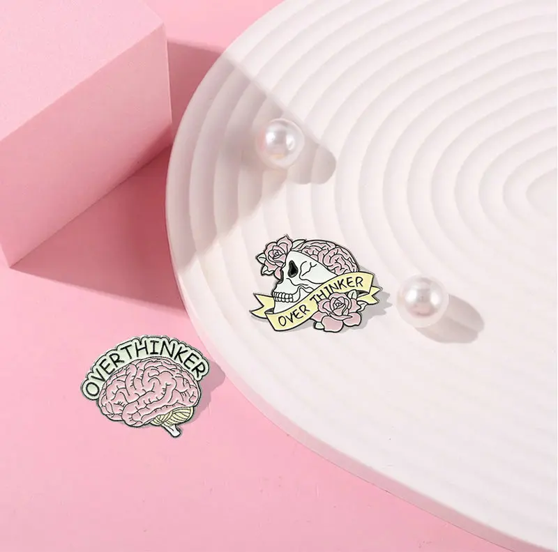 Custom Overthinking Award Brain Skull Book Brooches Bag Lapel Pin Cartoon Badge Jewelry Gift for Friends Overthinker Enamel Pin