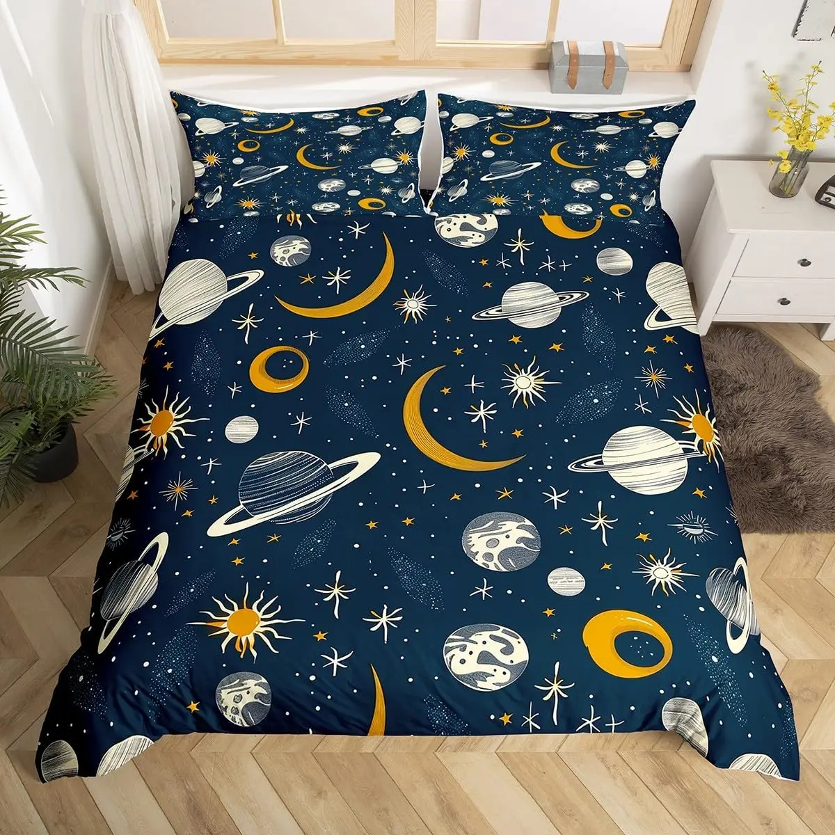 Space Themed Bedding Set Galaxy Outer Space Duvet Cover Set Full Queen for Boys Girls Earth Planets Moon Stars Comforter Cover