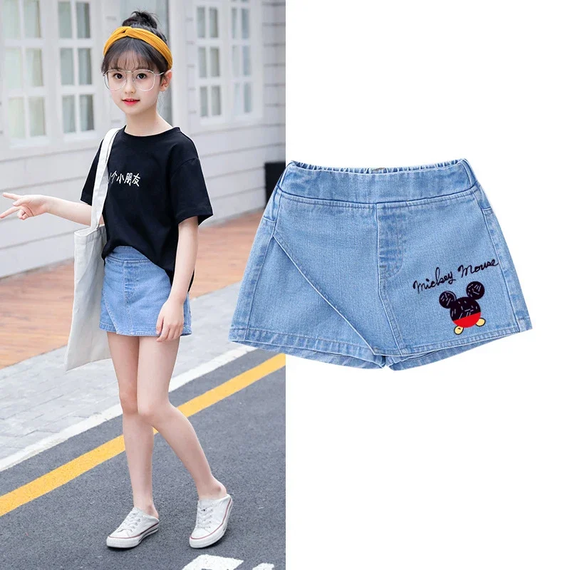 Roupas infantis cintura elástica saia falsa shorts jeans para meninas de 3 a 12 anos-minnie kuromi morango urso estampado ‌   Saia falsa