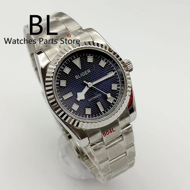 BLIGER 36mm/39mm NH35A Automatic Watch For Men Blue Grid Dial Snowflack Hands Green Luminous Fluted Bezel Sapphire Glide Lock