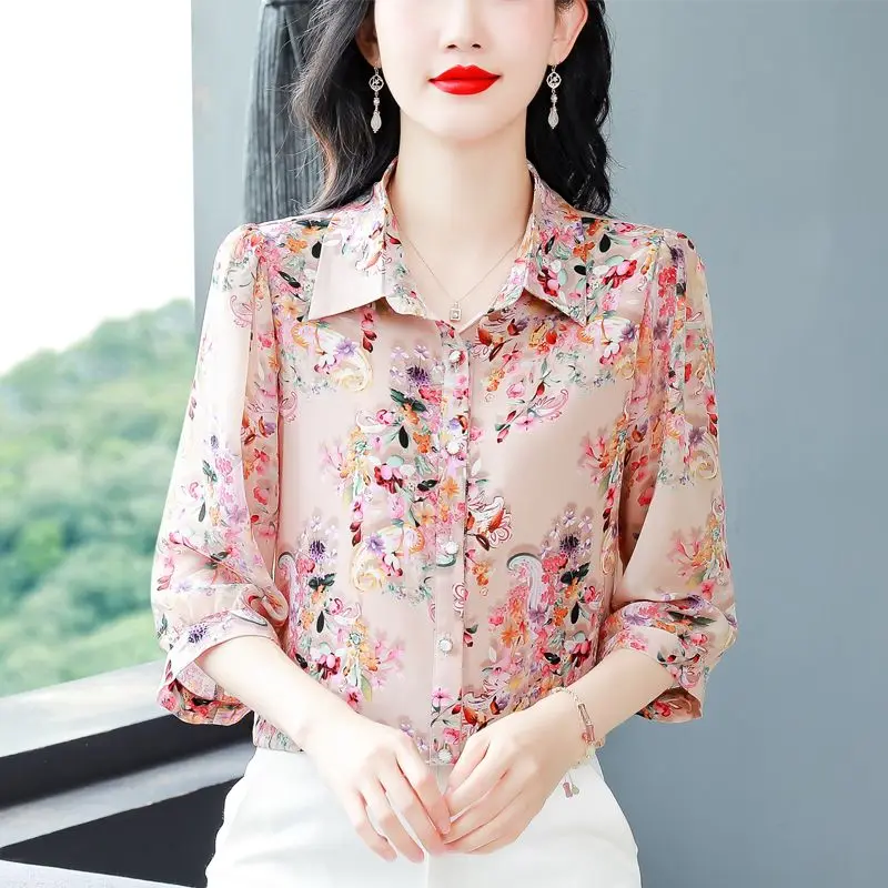 Women Clothing Temperament Thin Floral Shirt Tops Summer New Polo Neck Half Sleeve Printing Loose Office Blouse Elegant Fashion