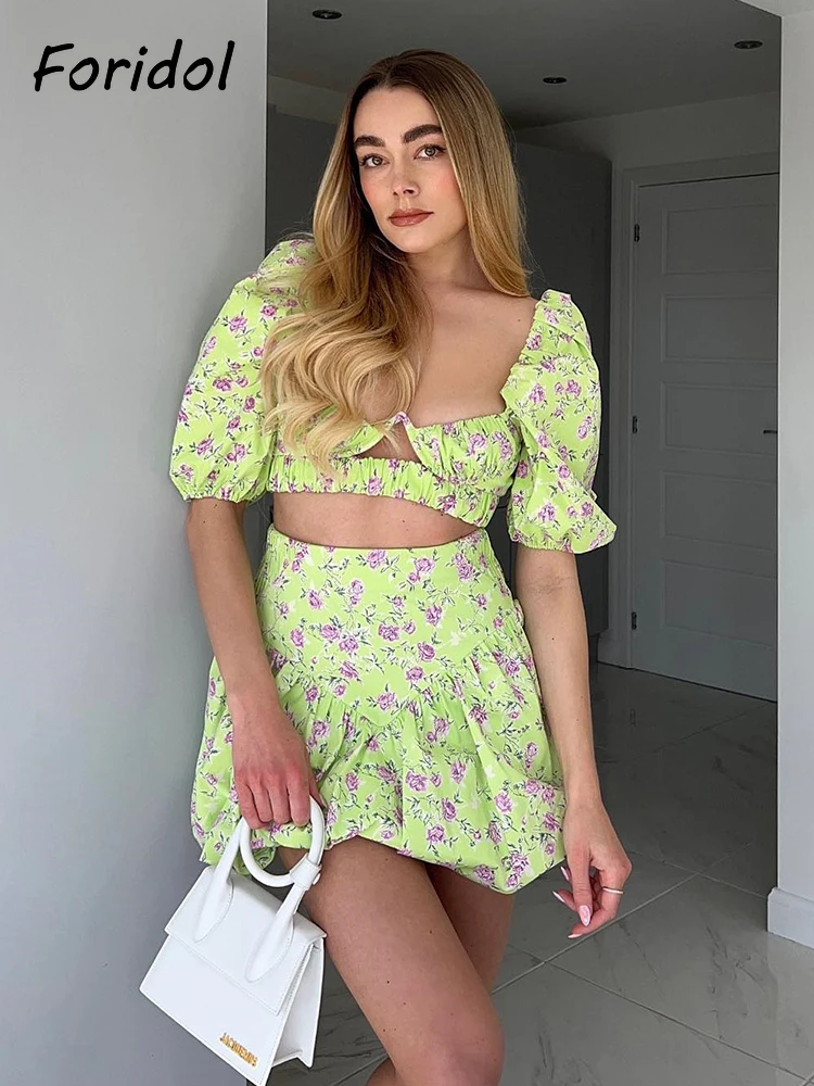 Fashion French Style Pink Flower Green Corset Dress Set Mini Summer Vintage Women Puff Sleeve Dress Sexy Short Dress Beach