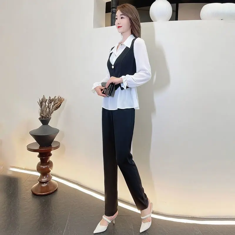 Fashion Suit Women's New Style Western-style Fake Two-piece Top Vest Shirt Shirt Temperament Slimming Two-piece Set